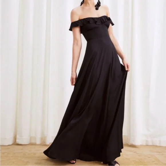 Reformation Verbana navy blue square neck off shoulder ruffle evening gown dress - Picture 6 of 8